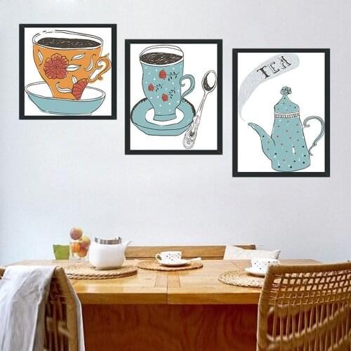 Cute Teapot Coffee Cup Canvas Painting Kitchen Cafe Restaurant Wall Art Painting Pictures Cuadros Decoracion Dormitorio Posters