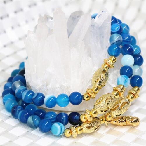 New arrival special blue natural vein agat onyx carnelian stone elastic strand multilayer bracelet 6mm round beads jewelry B2238