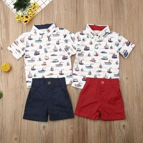 Baby Boy Kids Gentleman Sailboat Shirt+Shorts Turn-down Collar Single Breasted Top Party Summer Set