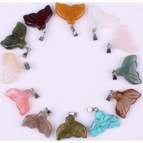Wholesale 24pcs/lot Mermaid Quartz Natural Stone Mixed colors Shark Whale Tails Pendants Charms Pendulum Necklace Free Shipping