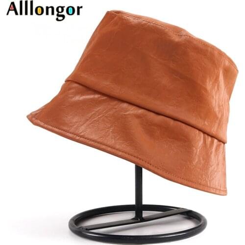 High Quality Leather Bucket Hat Women Ｎew Fashion 2021 Autumn Black Fisherman Hat Panama Bob Femme