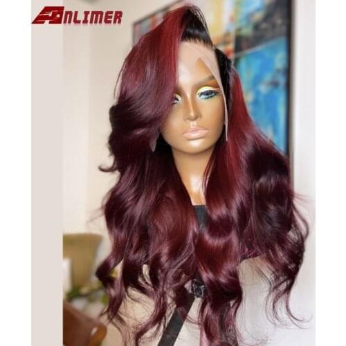 150% 13*4 Left T Part Lace Front Human Hair Wig Body Wave Ombre Burgundy/Brown Pre Plucked Brazilian Remy Wigs Bleached Knots