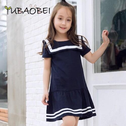 Girl Dark Blue Dress 2020 Summer Girl Preppy Style Dresses Kids Sailor Collar Cotton VestidosTeenage Girls School Clothes
