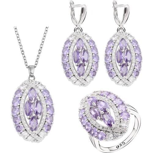 Purple Red Zirconia Silver Color Jewelry Sets for Women Earrings Necklace Pendant Ring Birthday Gift