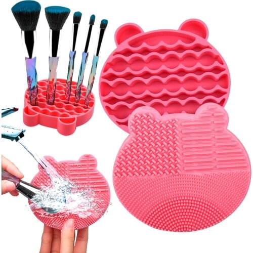 Carrying Tools Silicone Storage Case Drying Holder 2 In 1 Washing Portable Cartoon Makeup Brush Cleaner Mat Scrubber Pad