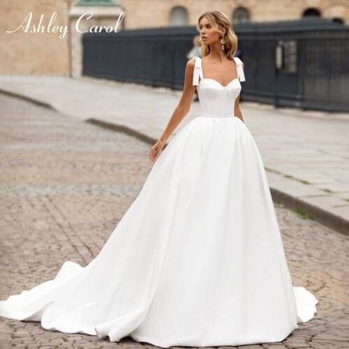 Ashley Carol A-Line Wedding Dress 2021 Classy Satin Sweetheart Spaghetti Straps Bow Bride Lace Up Beach Chapel Train Bridal Gown