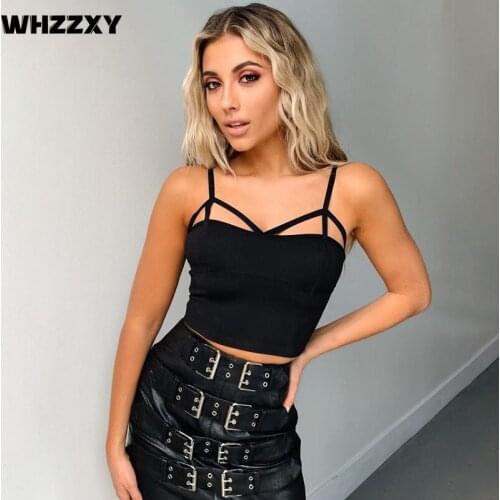 WHZZXY Summer Black Slim-Fit Tops Sexy Hollow-out Line Stitching Small Sling Crop Top Women