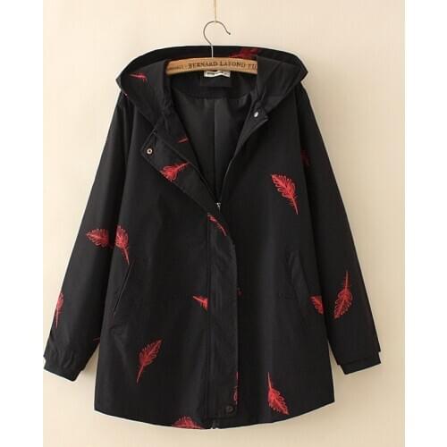 Plus Size XL-4XL Green Black Feather Printed Women Autumn Winter Jackets Cotton Hooded A-line Outerwear