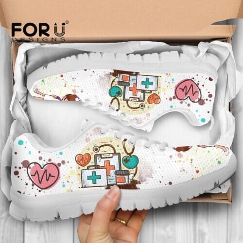 FORUDESIGNS White Lace Up Female Nurse Heart Pattern Shoes Women Brand Design Spring Flats Sneakers Woman Footwear Zapatos Mujer