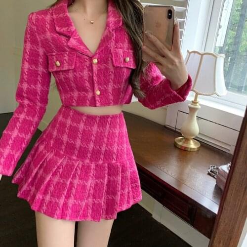 Autumn Winter Vintage Tweed Two Piece Set Women Crop Top Woolen Short Jacket Coat + Mini Skirts Suits Fashion 2 Piece Outfits