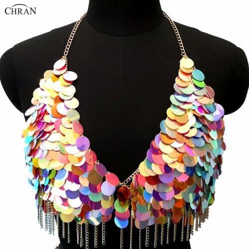Chran Rainblow Tassel Sequins Crop Tops Harness Necklace Club Party Sexy Vintage Mermaid Chain Bra Festival Wear Jewelry
