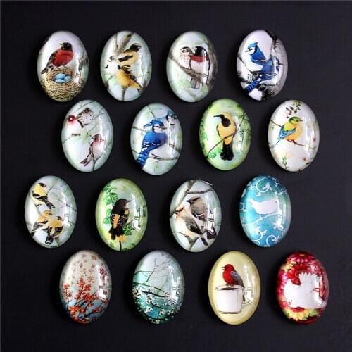13x18mm 18x25mm, 30x40mm Random Mixed Bird Flowers Tree Oval Glass Cabochon Flatback Photo Base Tray Blank DIY Accessories