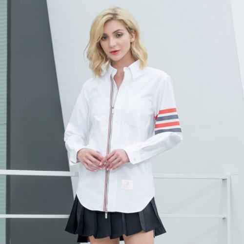 2021 Fashion TB THOM Brand Shirts Women Slim White Long Sleeve Casual Shirt Zipper Striped Cotton Oxford Solid Womens Clothing