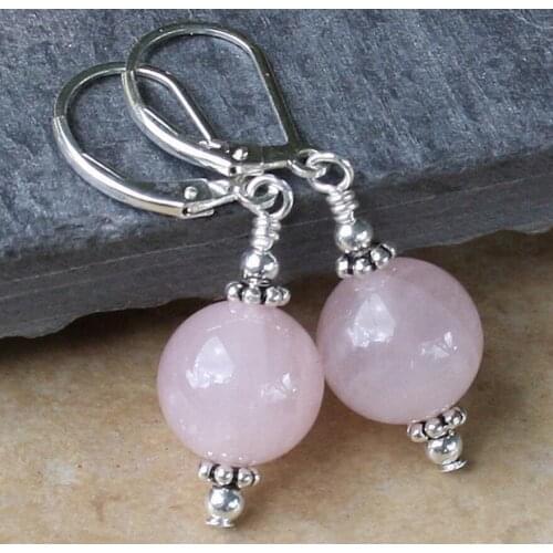 Free shipping Fashion Handmade Rose Quartz Round Beads Sterling Silver Dangle Earrings