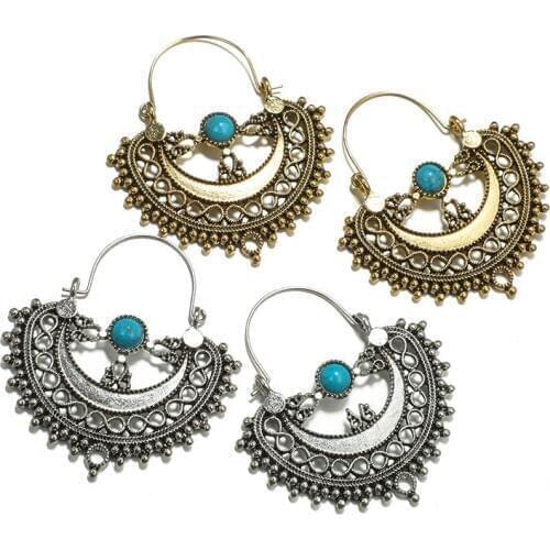 Gypsy Indian Oxidized Bohemian Vintage Silver Color Hoop Earrings for Women Hook Pierced Ear Brincos Bijoux Gypsy Tribal Jewelry