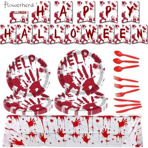Halloween Blood Hand Decorations Party Supplies Disposable Dinnerware Set Pink Red Plates Napkins Cups Knifves Forks and Spoons