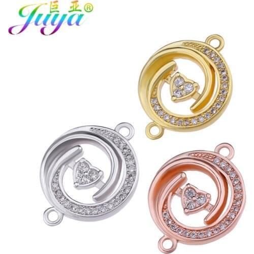 Juya Valentine Jewelry Components Micro Pave Zircon Round Heart Charms DIY Connectors Accessories For Women Gift Jewellry Making