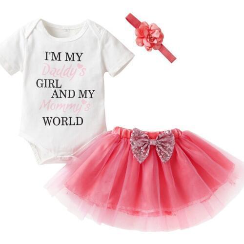 3pcs Cute Newborn Baby Girls Clothes Short Sleeve Letters Print Romper+Tutu Tulle Skirts+Headwear Sets Summer Cotton Baby Sets