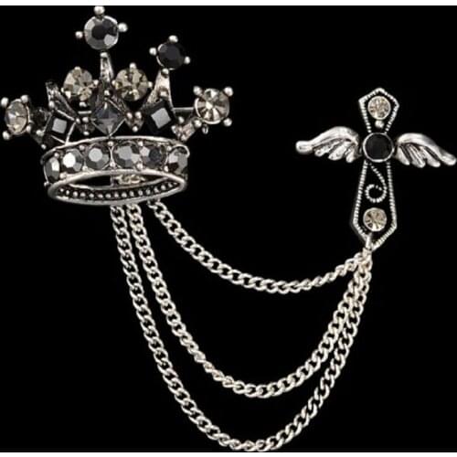 Angel Wing Cross Crown Brooch Creative Men Chain Tassel Brooch Crown Badge Cross Brooch Pins For Men Jewelry Accessories