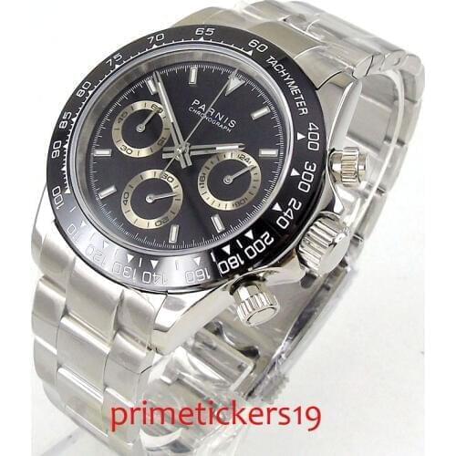 Quartz movement date day display 39mm PARNIS black dial stainless steel strap solid black case mens watch PA1178