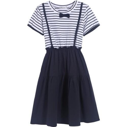 Striped Dress Cotton Linen Dresses Teenage Girls Navy Bow Elastic Waist Short Sleeve Summer Japanese Female Student Fake 2 Piece