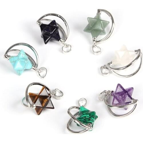 Natural Stone Crystal Star Shape Rotatable Fashion Pendant Necklace Jewelry European American Merkaba Reiki Charm Hang Accessory