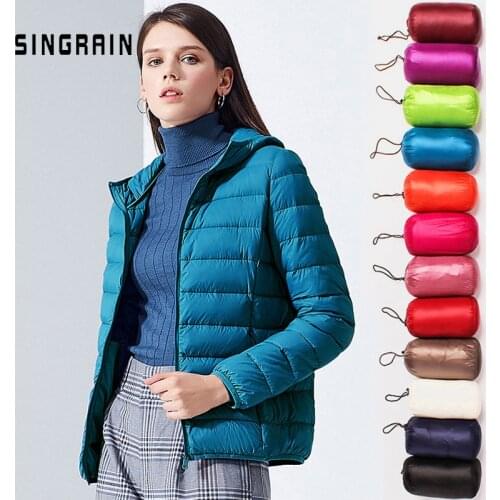 SINGRAIN Women Down Jacket Hooded 95% Duck Warm Overcoat Solid Portable Outerwear Large Size Ultra Light Down Coat Winter