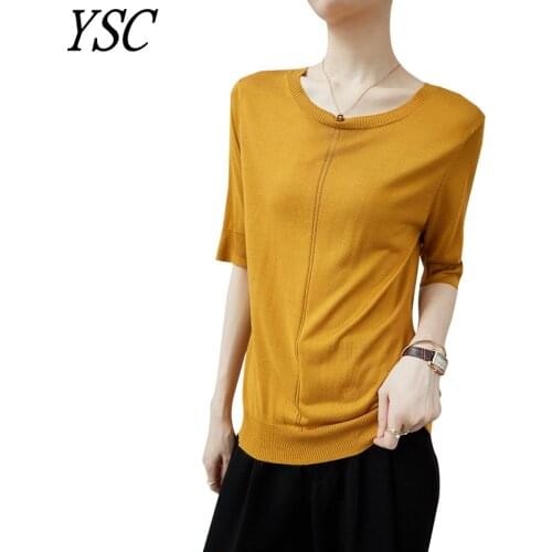 YSC 2021 New pattern Women Pure silk Sweater Round collar Half sleeve Pocket decoration Fine yarn soft High-quality pullover