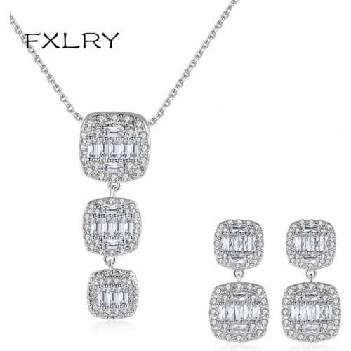 FXLRY Trendy AAA Cubic Zirconia Three Square Long Pendant Necklaces And Earring Fashion Ladies Jewelry Sets
