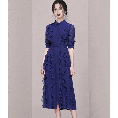 New Autumn Elegant Chiffon Dress Women Long Sleeve Single-Breasted Layers Ruffles Long Shirt Dress Female Party Dress Robe