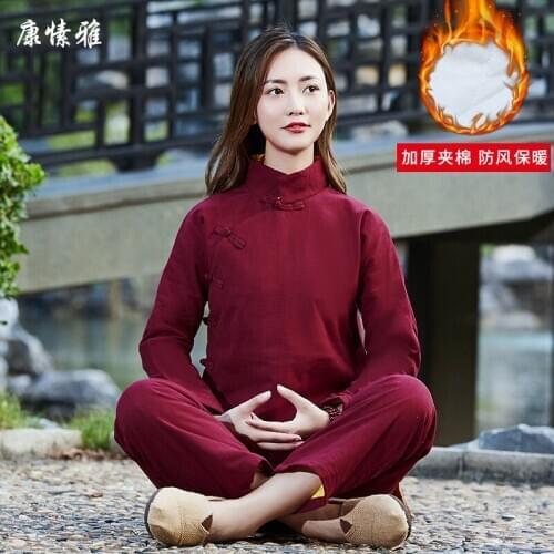 Winter Thick Fleece Women Yoga Tai Chi Uniforms Meditation Linen Warm Loose Chinese Traditional Casual Kungfu Martial Arts Set