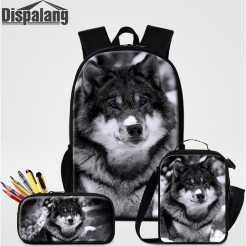 Wolf With Snow 3 PCS Set Backpack Pencil Case Lunchbox For School Animal Pattern Custom Schoolbags For Boys Mens Casual Bagpack