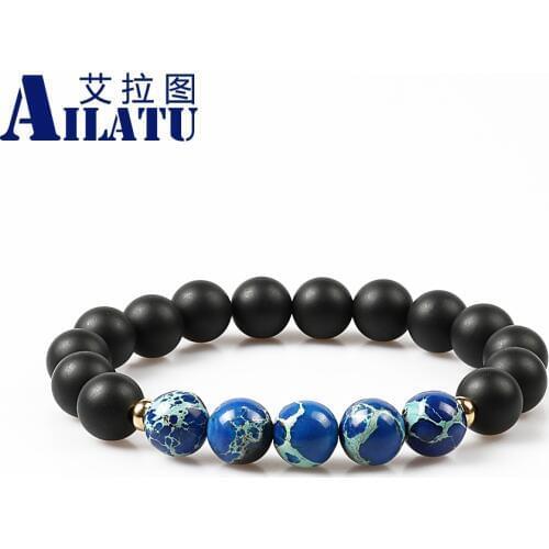 Ailatu Men' Favorite Powerful 10mm Succor Creek Stone Beads with 10mm Black Matte Onyx Stone Beads Bracelets