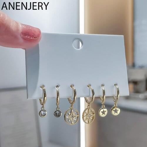 ANENJERY 6 pieces/set 925 Sterling Silver Round Disc Hollow Star Hoop Earrings Set Micro Zircon Earrings for Women Party Jewelry