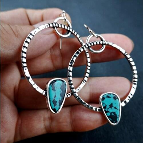 Boho Tibetan Extra Large Circle Turquoises Earrings Oversized Silver Color Hollow Round Teardrop Natural Stone Earring