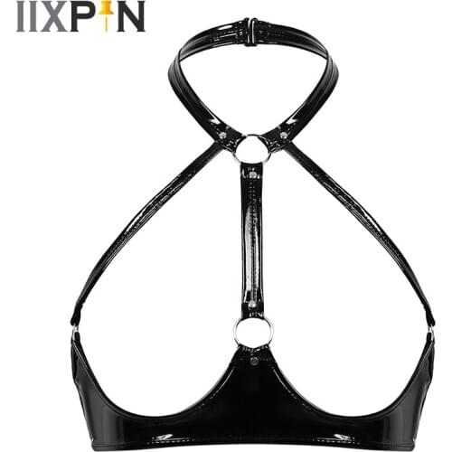 Sexy Lingerie Women Open Cup Bra Top Wet Look Patent Leather Bralette Sexy Halter Neck Backless Open Cups Bras Erotic Lingerie