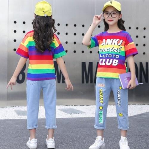 Kids Clothes 2021 Summer Teenage Girls Rainbow Striped T-shirt Jeans 2pcs Outfit Tracksuit For Girl Sport Suit Children Clothing
