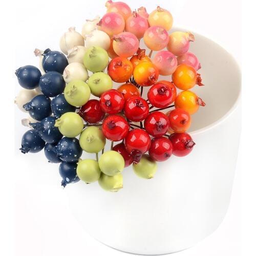 200pcs Mini Plastic Pomegranate Berries Fake Fruit Small Artificial Pearl Flower Stamens Cherry Wedding Christmas Decorated