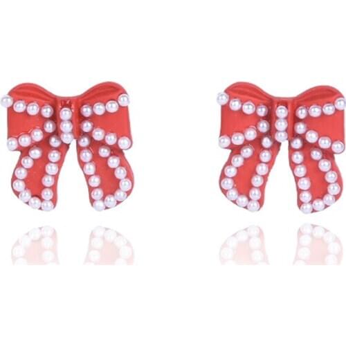 2020 New Trendy Red Sweet Bow Pearl Earring for Female Simple Jewelry Hot Sell Christmas Gifts