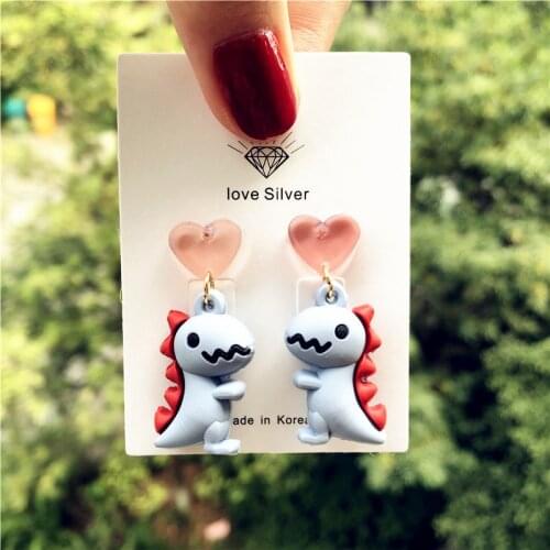 2021 NEW Cute Silicone Dinosaur Drop Earrings Kawaii Lovely Dinosaur Cartoon Love Heart Earrings Creative Women Girls Jewelry