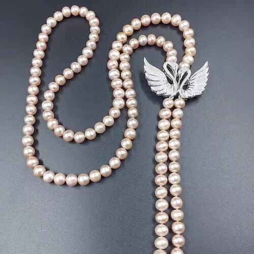 Natural 8-9mm pink freshwater pearl Hand knotted inlay zircon Swan accessories necklace long sweater chain 25inch
