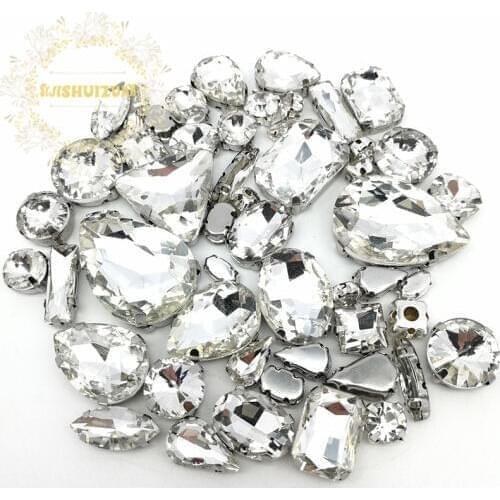 Popular! MIX White Size Crystal Glass Sew-on Rhinestones Silver Bottom DIY Womens Dresses and shoes 52pcs 23sizes 10shapes