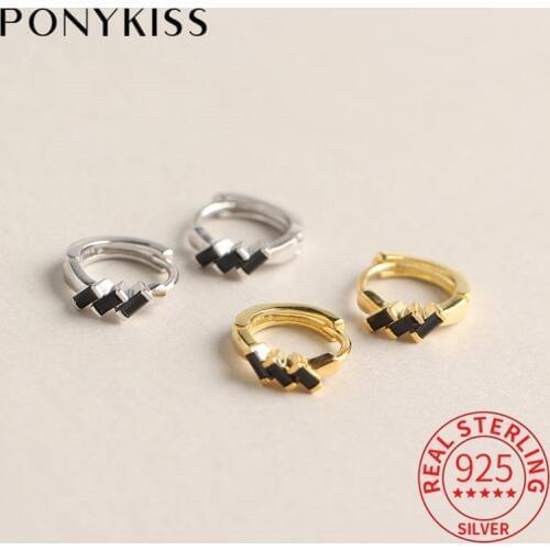 PONYKISS 100% 925 Sterling Silver Black Square Zircon Geometric Hoop Earrings Women Party Fashion Elegant Accessory Chic Gift