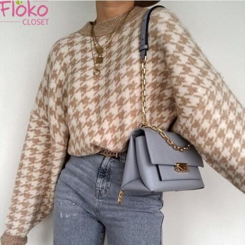 Flokocloset Retro Geometric Pattern Knitted Sweater Women Casual Autumn Long Sleeve O-Neck Pullovers Streetwear Jumpers