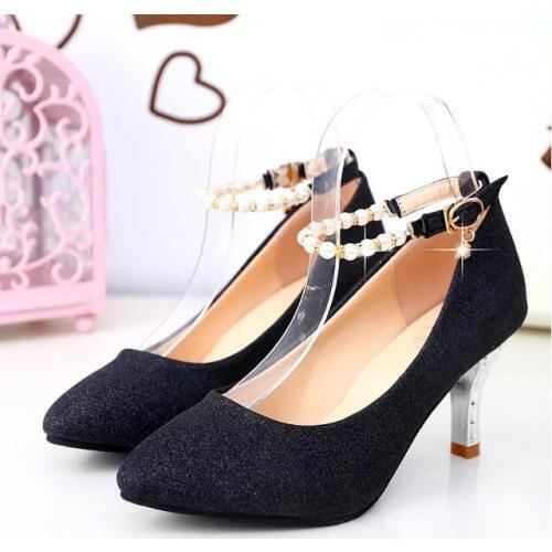 New Pointed Shallow Mouth High Heel 2019 Spring Fine With Wild Mid-heeled Shoes With A Buckle Sequin Pearl Shoes