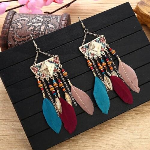 Vintage Womens Boho Feather Earrings Tibetan Jewelry Brincos Bijoux 2020 Bohemia Chain&Leaf Beaded Tassel Drop Earrings