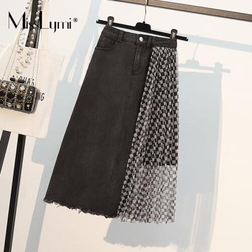 MissLymi L-4XL Plus Size Women Mesh Patchwork Denim Skirt Summer 2021 Fashion Harajuku Loose Female Streetwear Plaid Midi Skirt