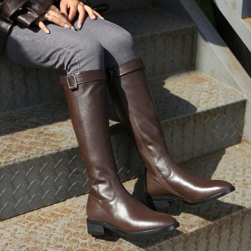 QZYERAI Riding Boots Woman Real Leather Med Heel Knee High Boots Buckle Thick Heel Long Boots Zip Ladies Shoes Brown