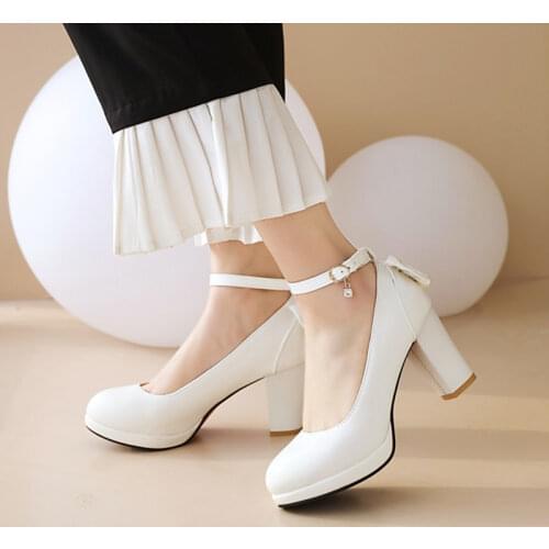 Ochanmeb Size 33-43 Women Chunky Heels Pumps Shoes Woman Good Quality Hand Made Ankle Strap Back Bow-tie Know Pearls Party Shoes