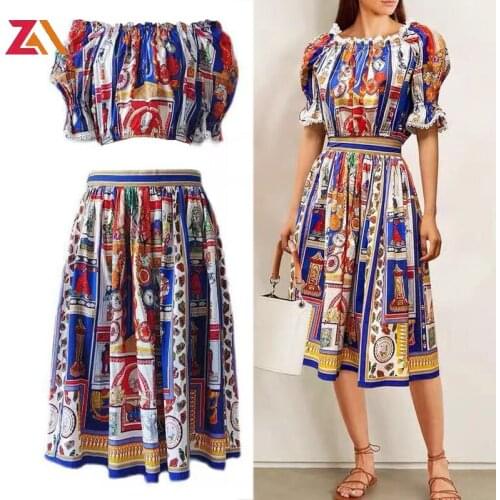 ZALady runway fashion ruffles short tops and midi skirts vintage printed puff sleeve two piece sets suits women 2piece outfits
